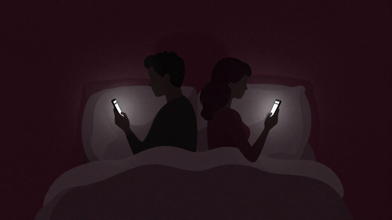 Silhouette of a couple in bed showing each other their journals on smartphones
