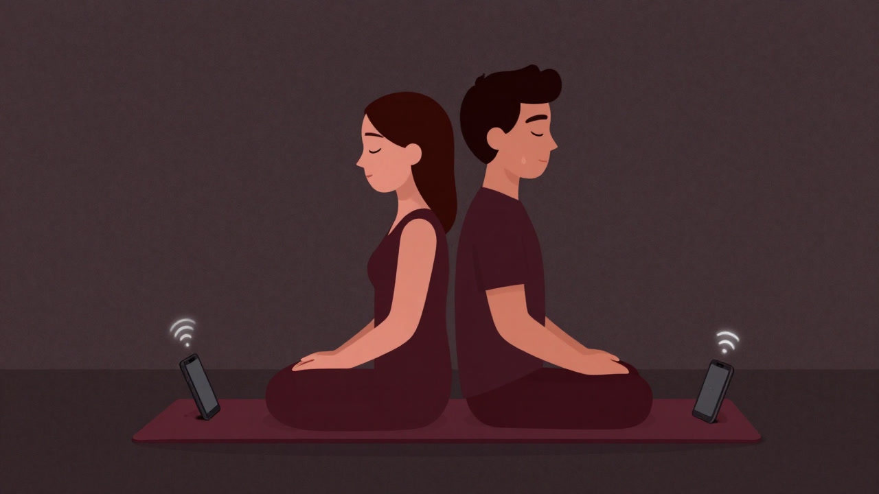 マットの上で互いに背中を向け合い、目を閉じたまま微笑むカップルのイラスト