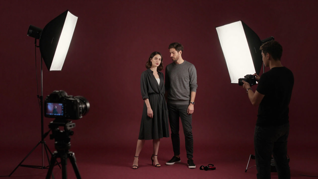 Photo of a couple awkwardly smiling amid props and lights in a photoshoot setting
