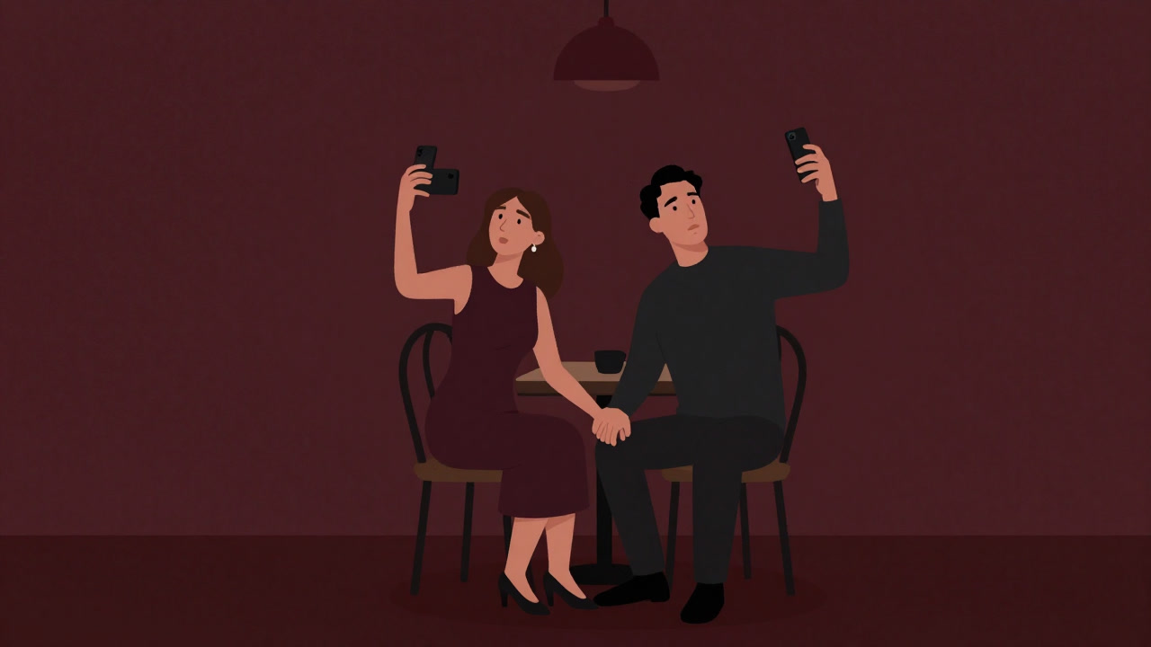 Silhouette of a couple holding hands at the center of a restaurant, taking a selfie with a smartphone