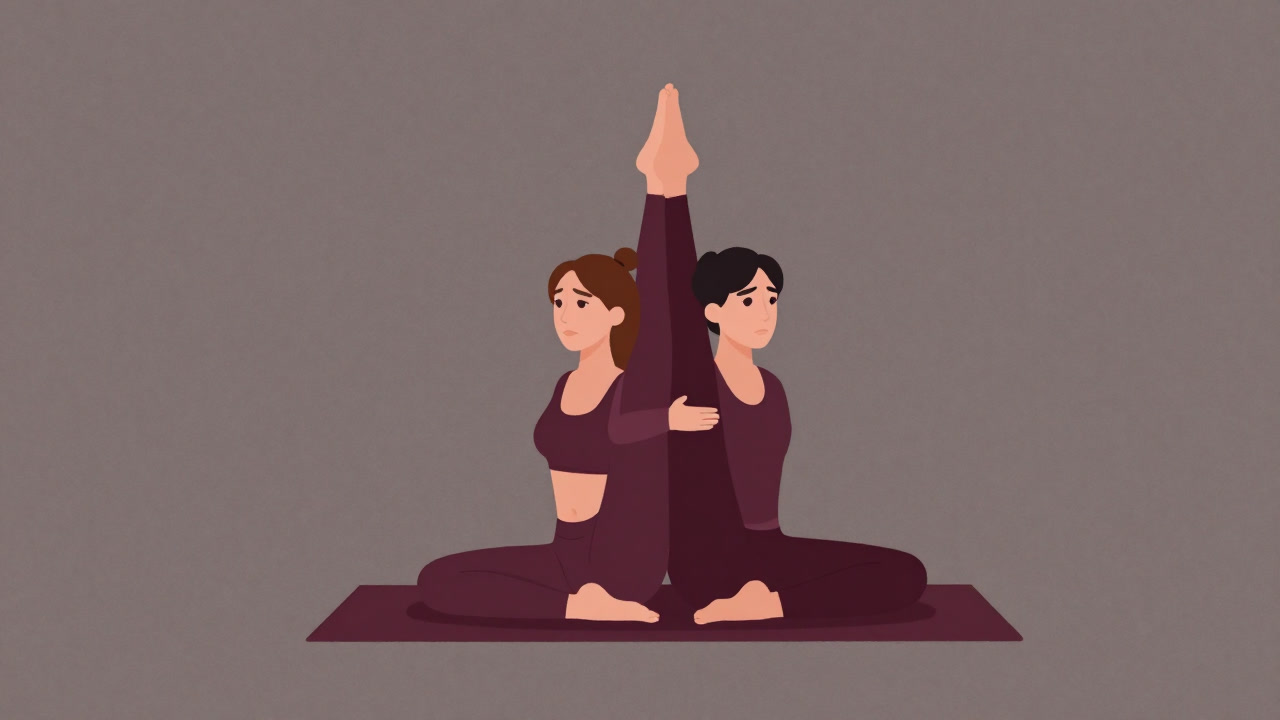 Illustration of a couple entangled in complex yoga poses with pained expressions