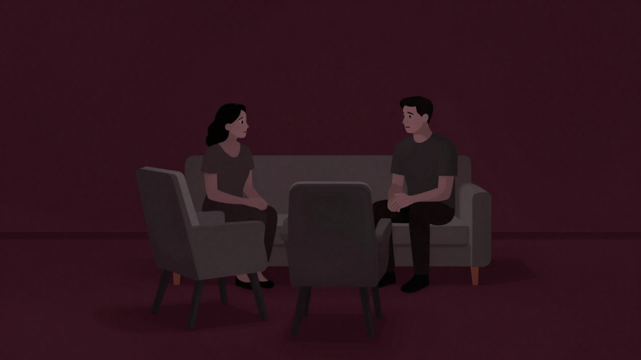 Silhouettes of a couple sitting on a counselor's sofa, looking anxiously at each other, searching for words.