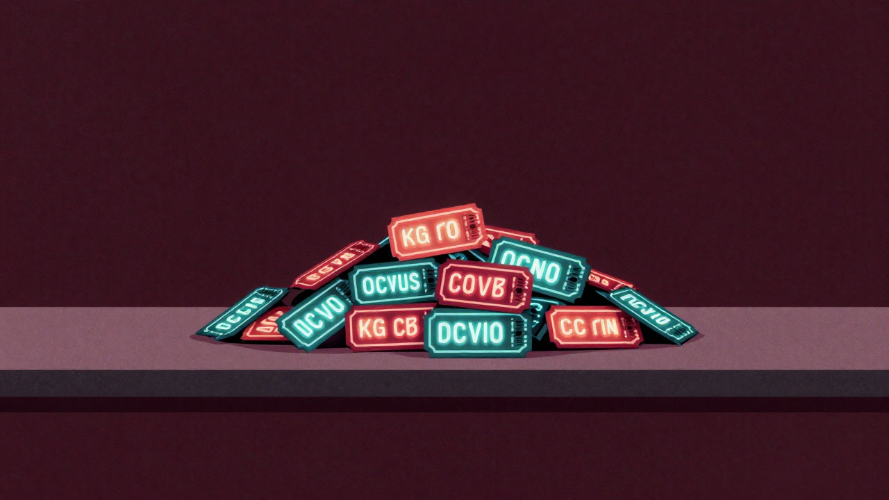 ごちゃごちゃしたレジカウンターに山積みされ、煌々と光る割引コードを見つめるクーポンのイメージ