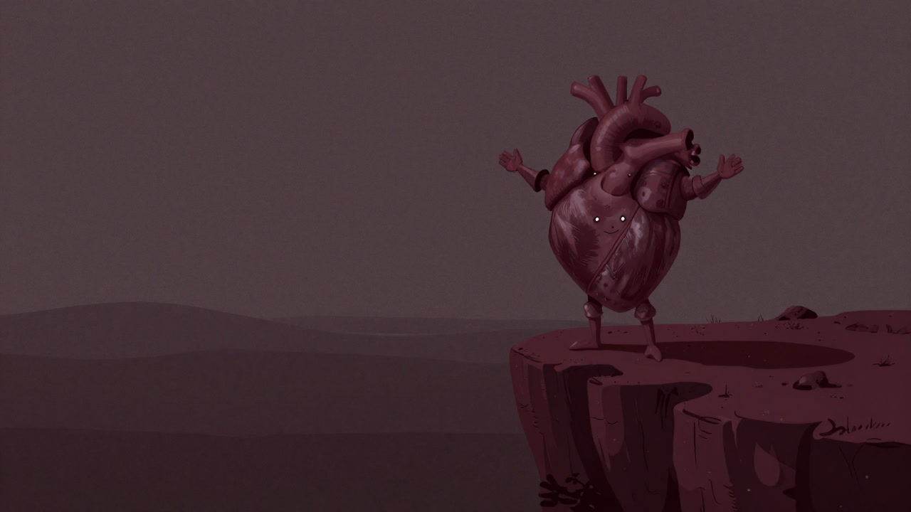 Illustration of a small armored heart standing at a cliff’s edge, arms wide, smiling at fear