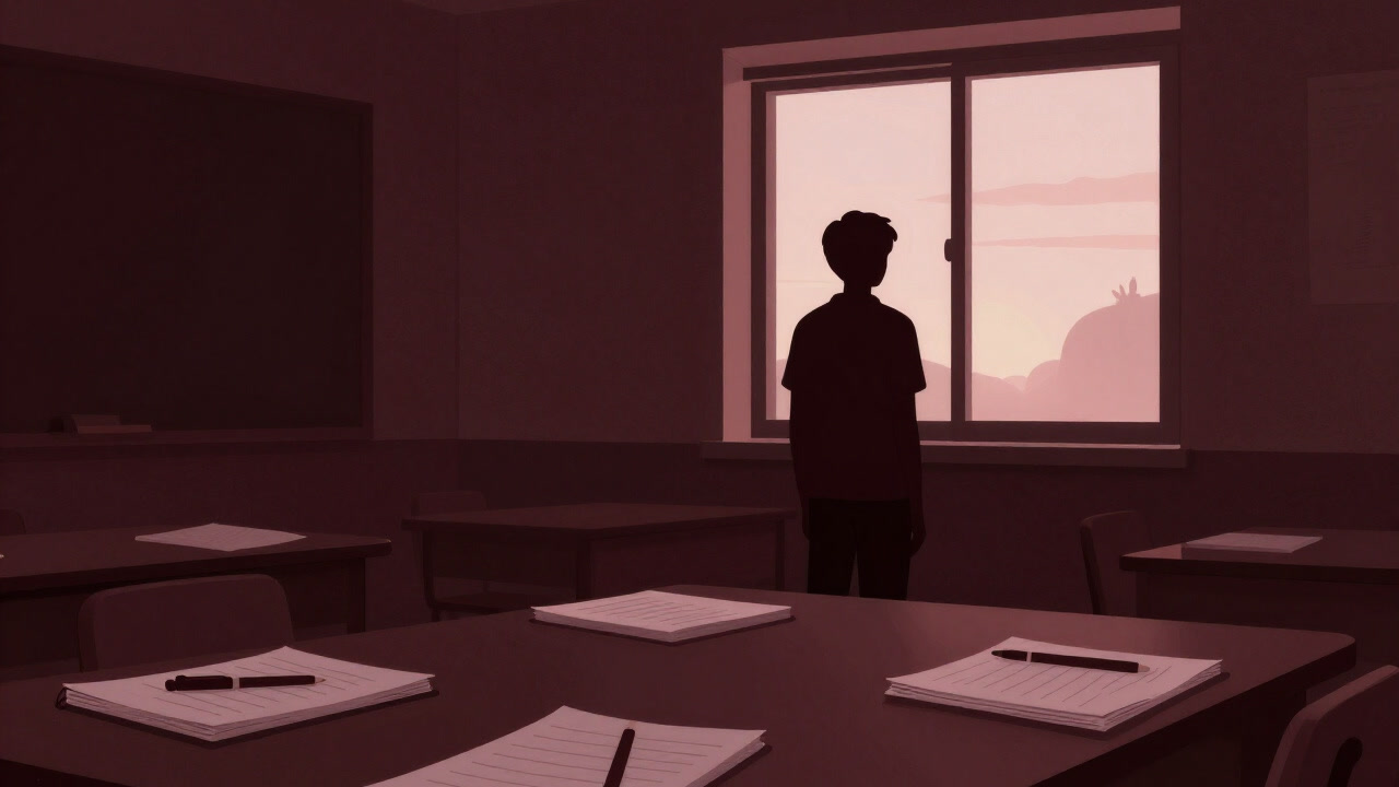 Image of a silhouette of a stressed learner standing with countless notebooks and pens scattered on a classroom table under the morning sun.