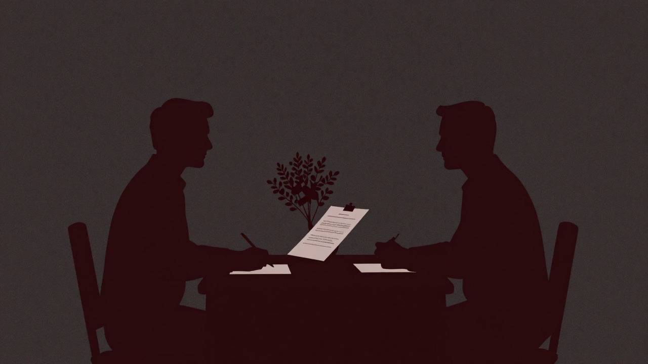 Silhouettes facing each other across a negotiation table, with a bouquet and contract placed between them.
