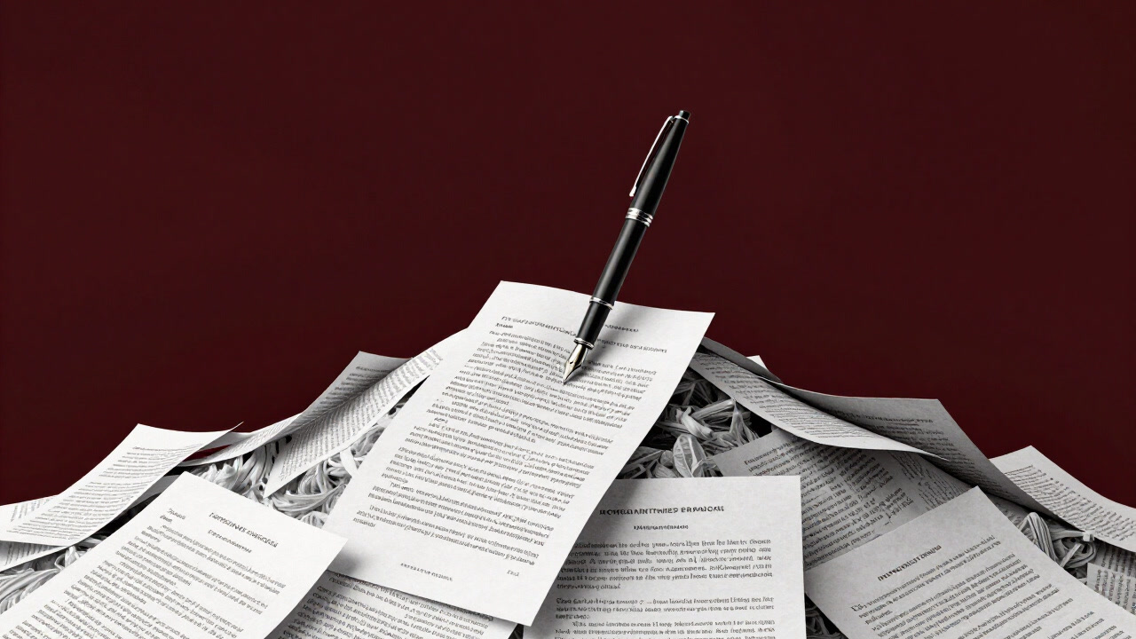 Image of a pen buried in a mountain of swirling fine-print clauses, emphasizing the oppressive nature of contracts.