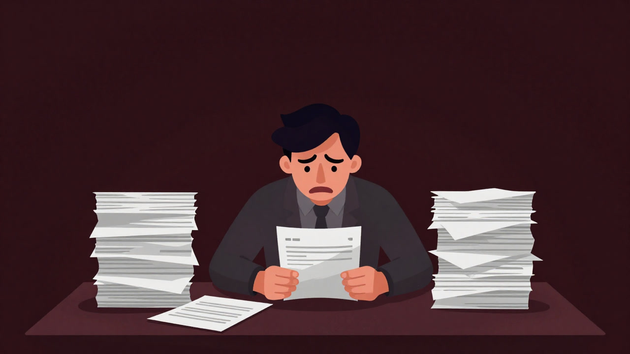 Illustration of a person trembling as they write the recipient address, buried under a mountain of application papers, with a desperate expression.