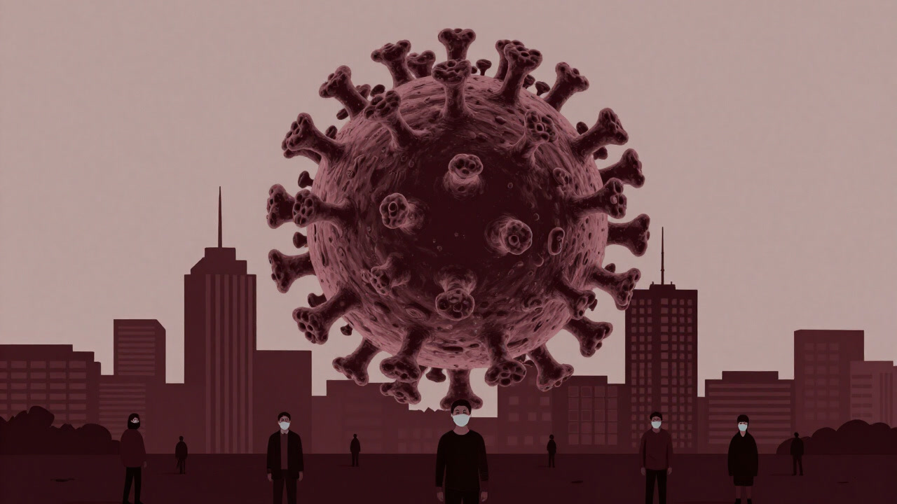 巨大なウイルス粒子が街を覆い尽くし、人々が怯えた表情でマスクを着用している風景