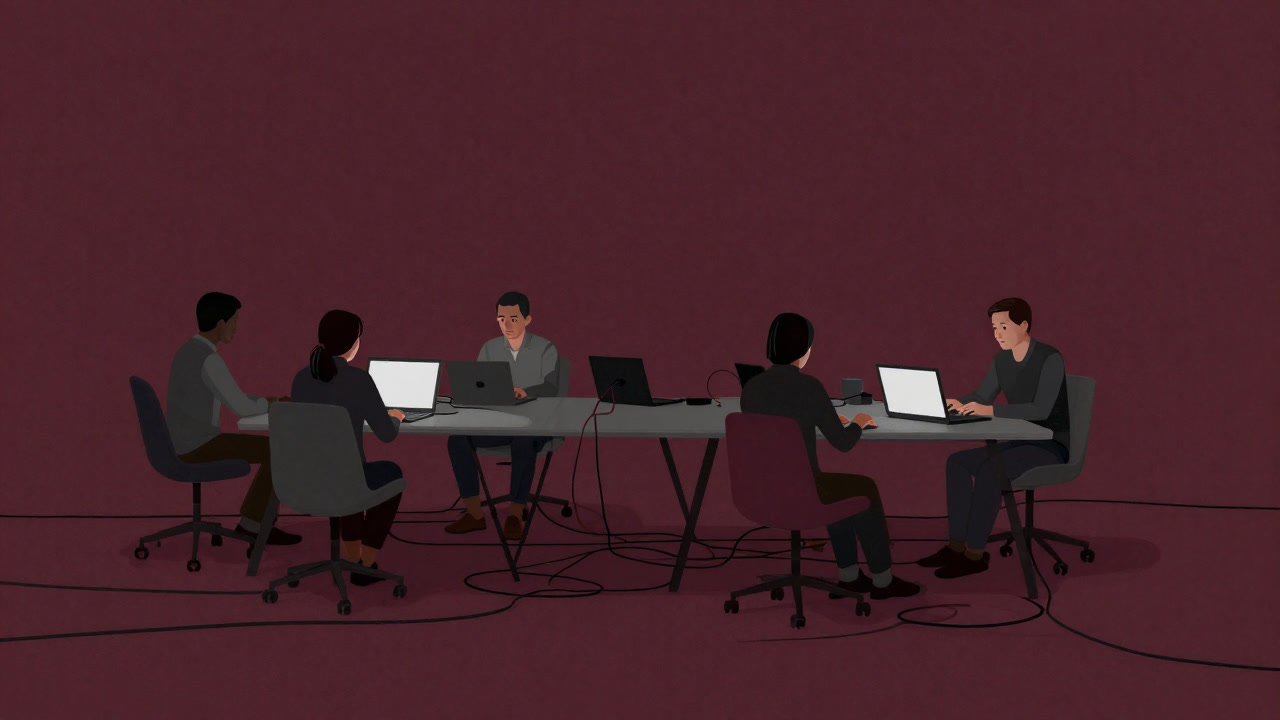 View of an open space surrounded by colorful chairs and tangled cables