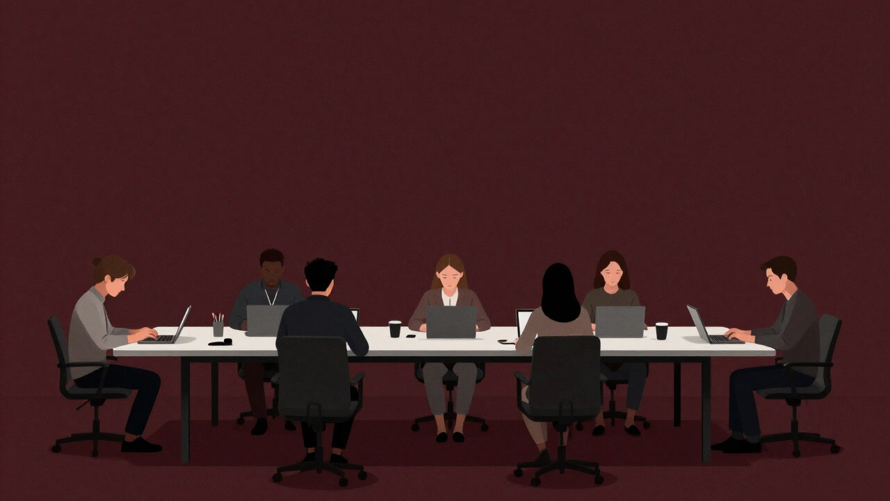 シェアオフィスの長テーブルに離れて座り、各自のPCを黙々と操作する人々。