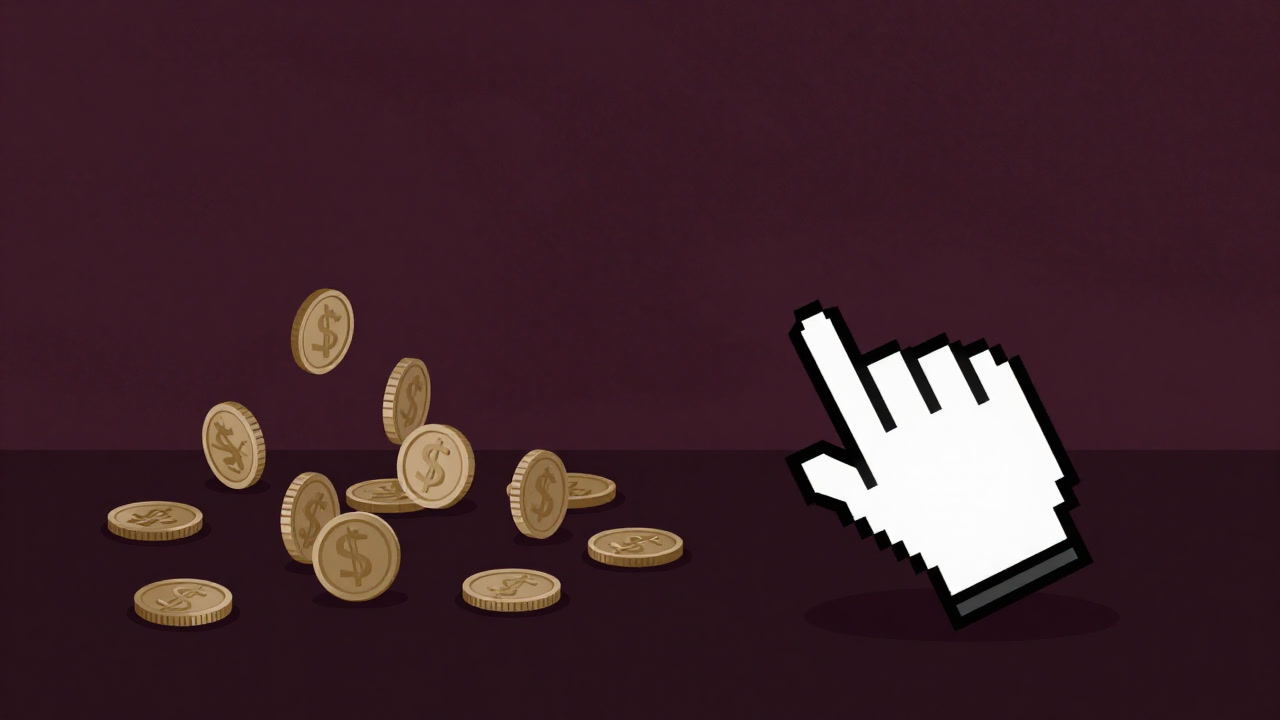 クリックの海に沈むコインの山を背景に、血管のように伸びるマウスカーソルがクリックを求めるイラスト