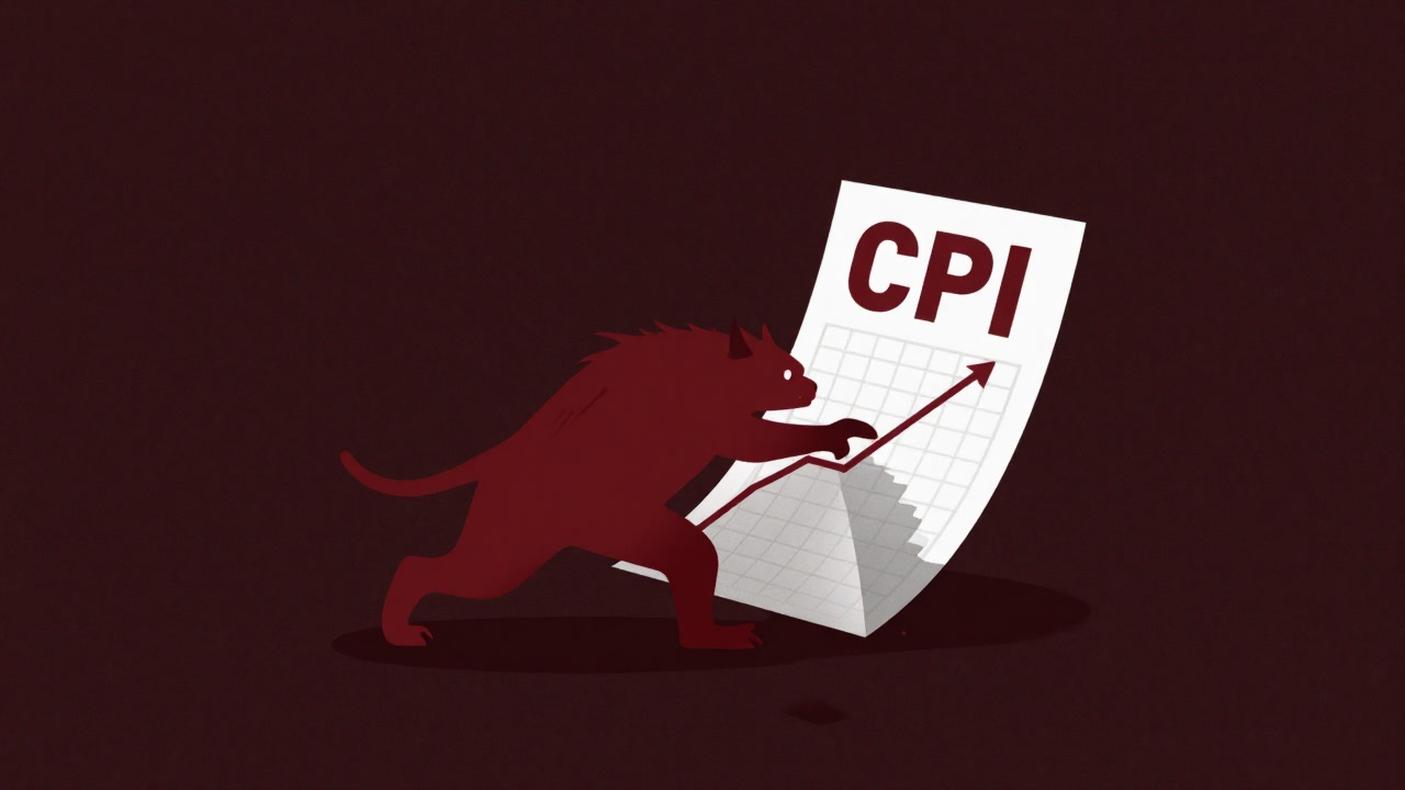 グラフ用紙の上で暴れるインフレ率が赤い数字で描かれ、CPIの文字が不気味に浮かぶイラスト