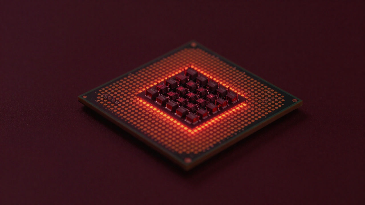 Close-up of a CPU die densely packed with transistors glowing red from heat.