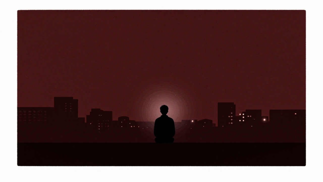 Silhouette of a person staring at city lights at night, holding inner craving in their chest.