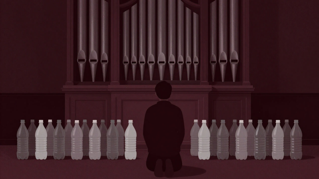 Silhouette of a person kneeling before rows of plastic bottles arranged like a church organ.