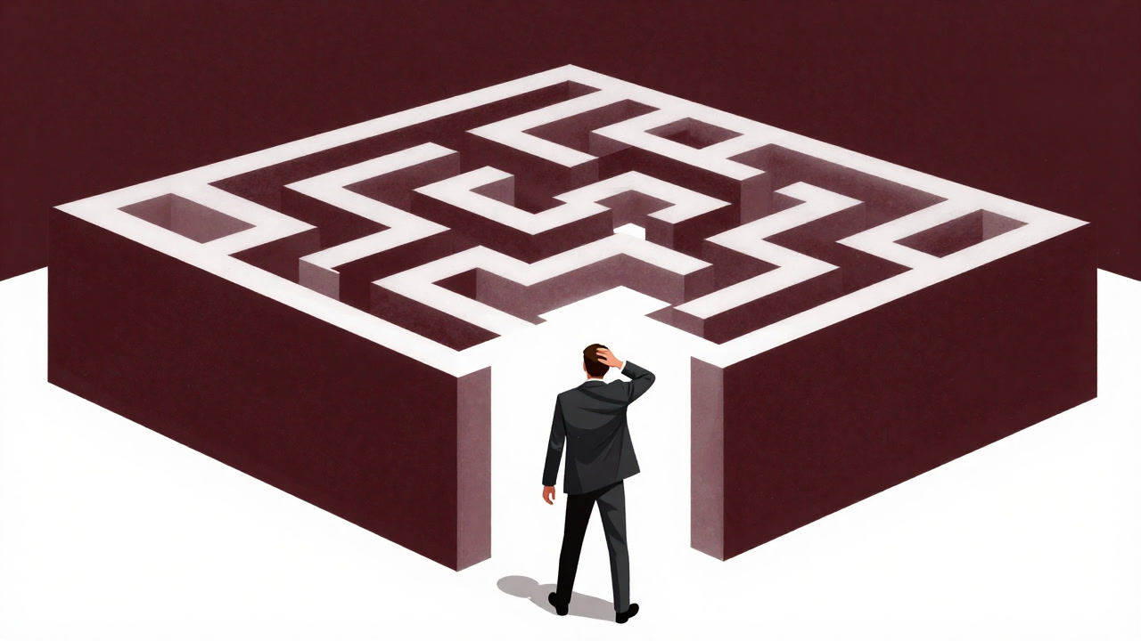 Silhouette of a businessman standing bewildered in front of a giant labyrinth