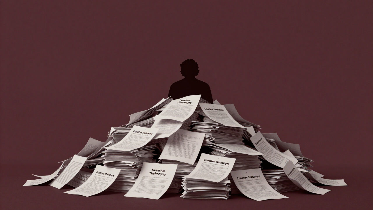 Silhouette of a person buried under papers labeled 'Technique', searching for an exit
