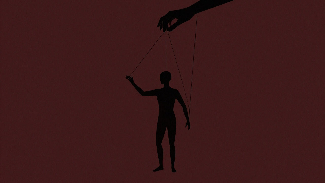 神の手に組み立てられた人形のように身動きできず立つ人間のシルエット