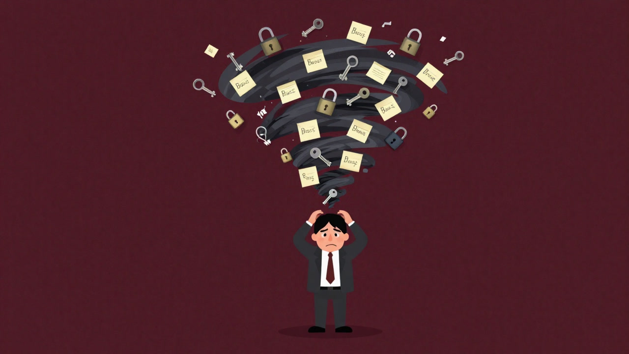 Illustration of an administrator overwhelmed by a whirlwind of keys and password sticky notes