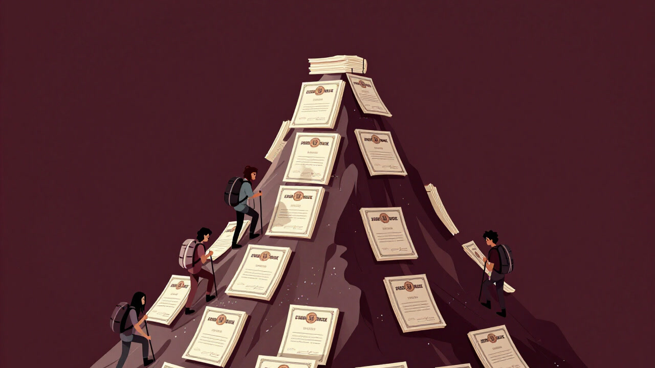 An image of a towering stack of certificates and diplomas gleaming as if they were trophies.