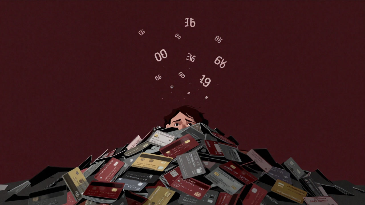 クレジットカードの山に埋もれ、絶望的な表情で天を仰ぐ人物のイラスト