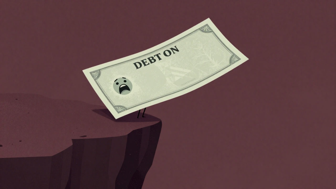 Illustration of a debt certificate teetering on a cliff, looking pale and terrified