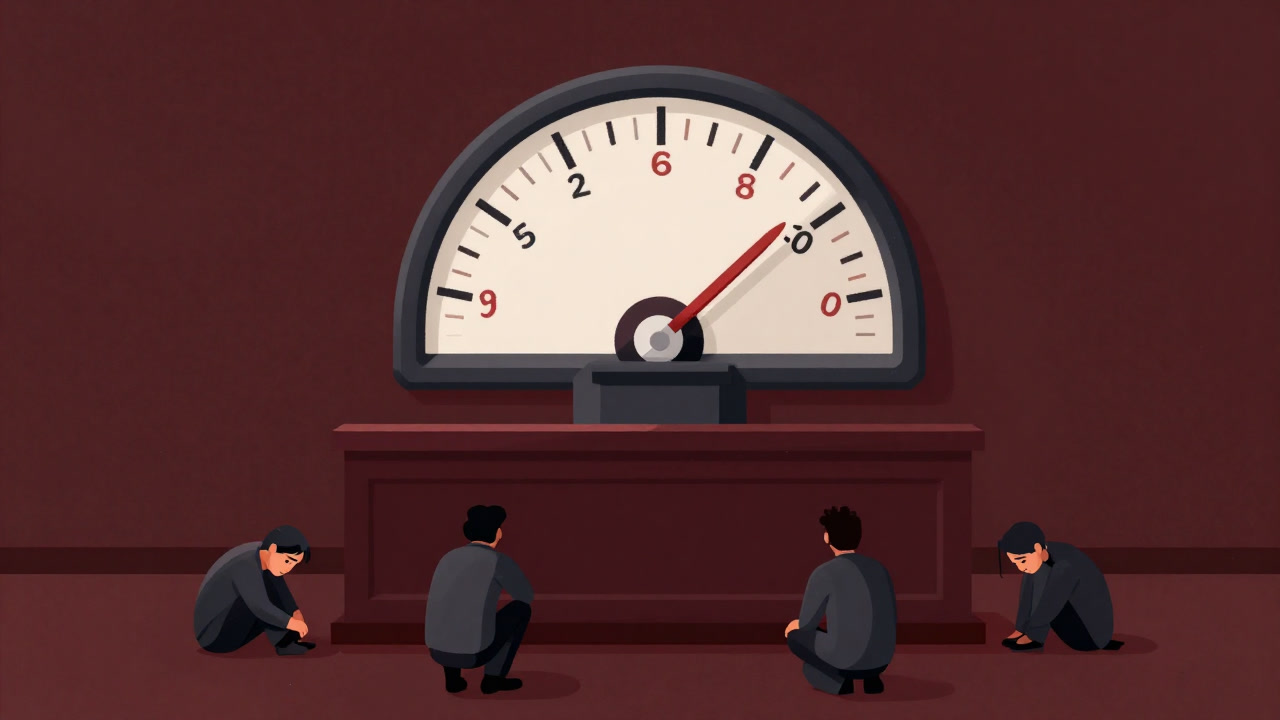 審判席のような巨大なゲージを前に不安そうに圧迫される人々を描いた画像