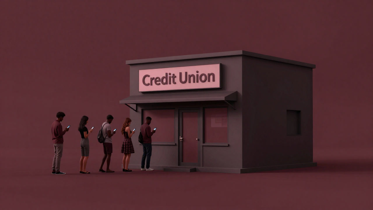 People lining up with smartphones in front of a small local building with a sign Credit Union.