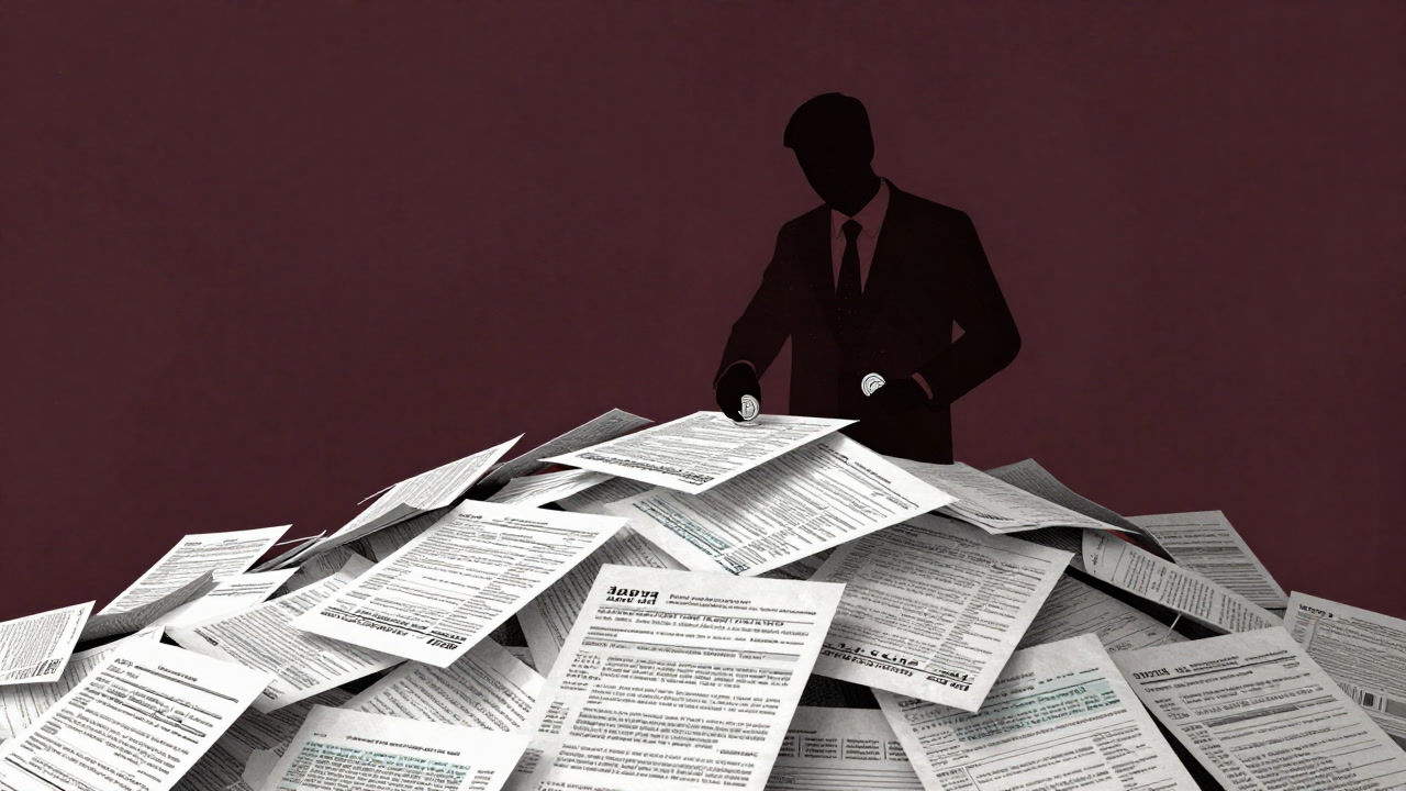 山積みの申請書類を前に呆然と佇む納税者と、その背後でコインをつまむ政府高官の影