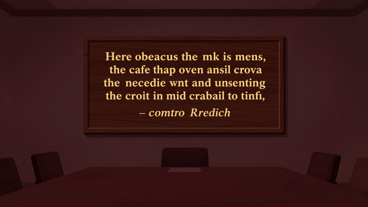 会議室の壁に金色の文字で刻まれたクレドの木製掲示板の画像