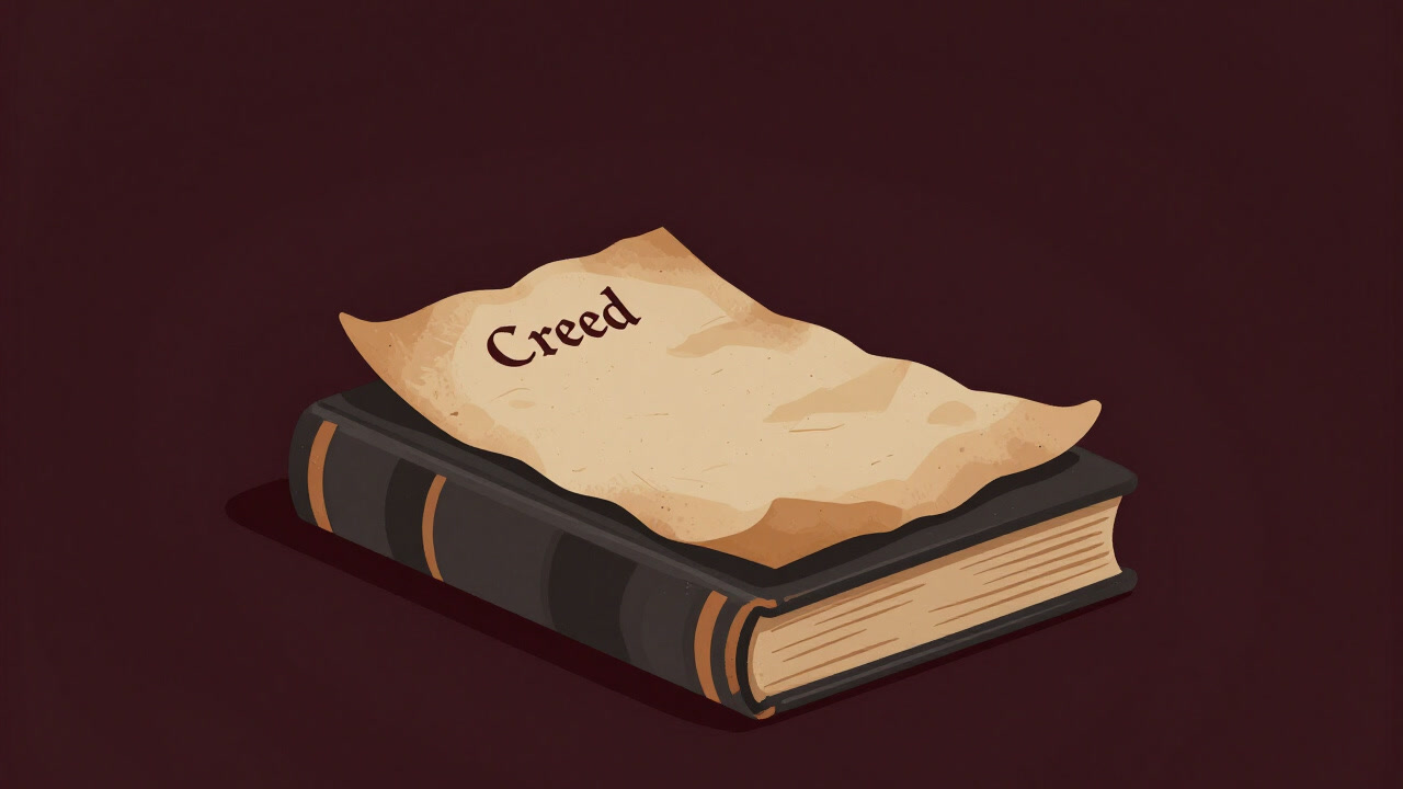 A piece of parchment titled 'Creed' resting on an old book.