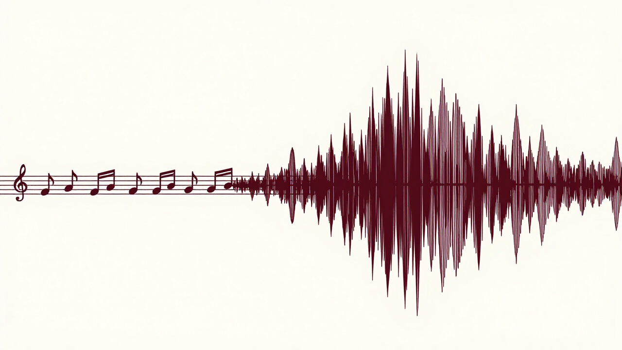 Graphic showing a musical score with notes gradually increasing and culminating in a chaotic waveform
