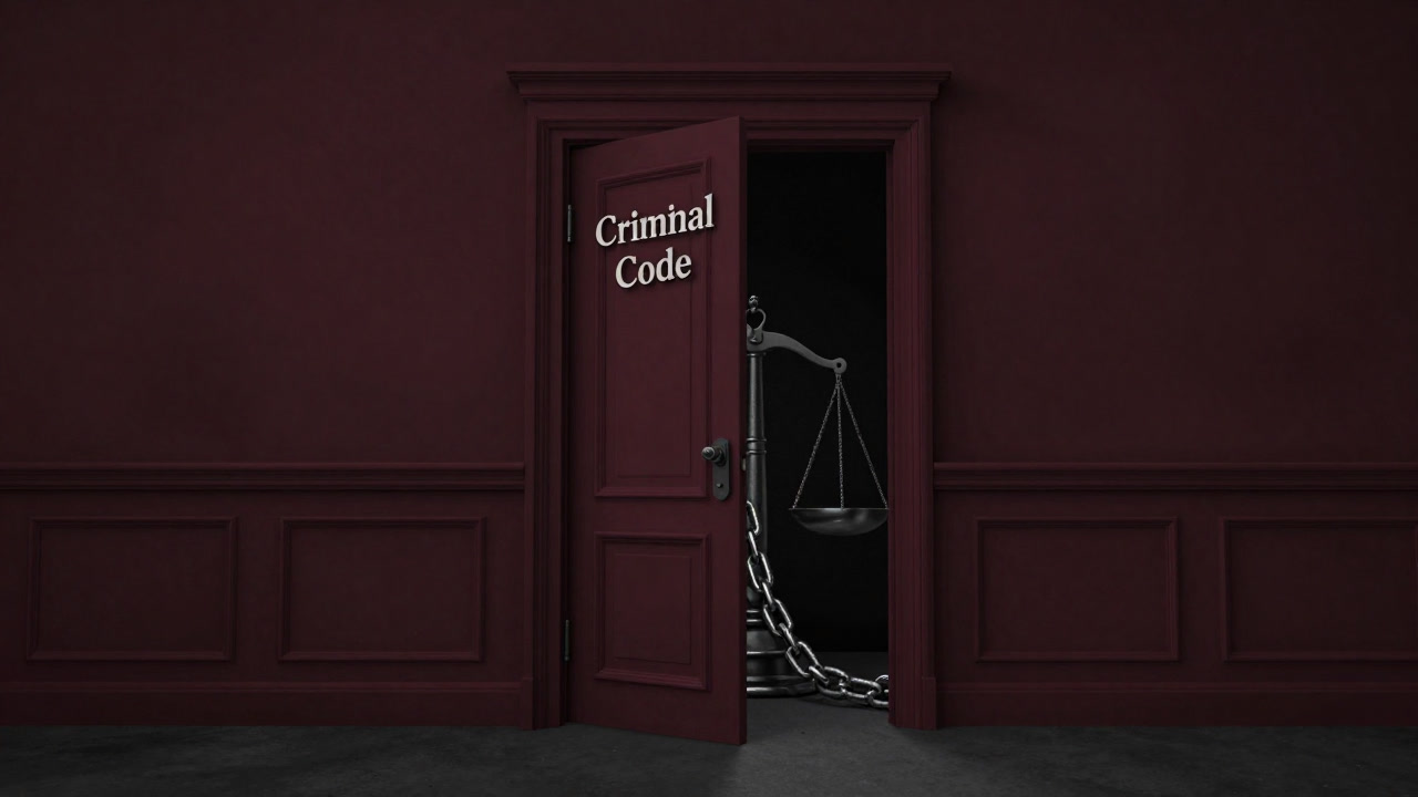 In a dark courtroom, the door of the criminal code swings open revealing entangled chains and an oppressive scale