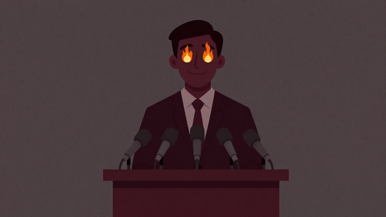 Image of a spokesperson forcing a smile in front of microphones while internally panicking