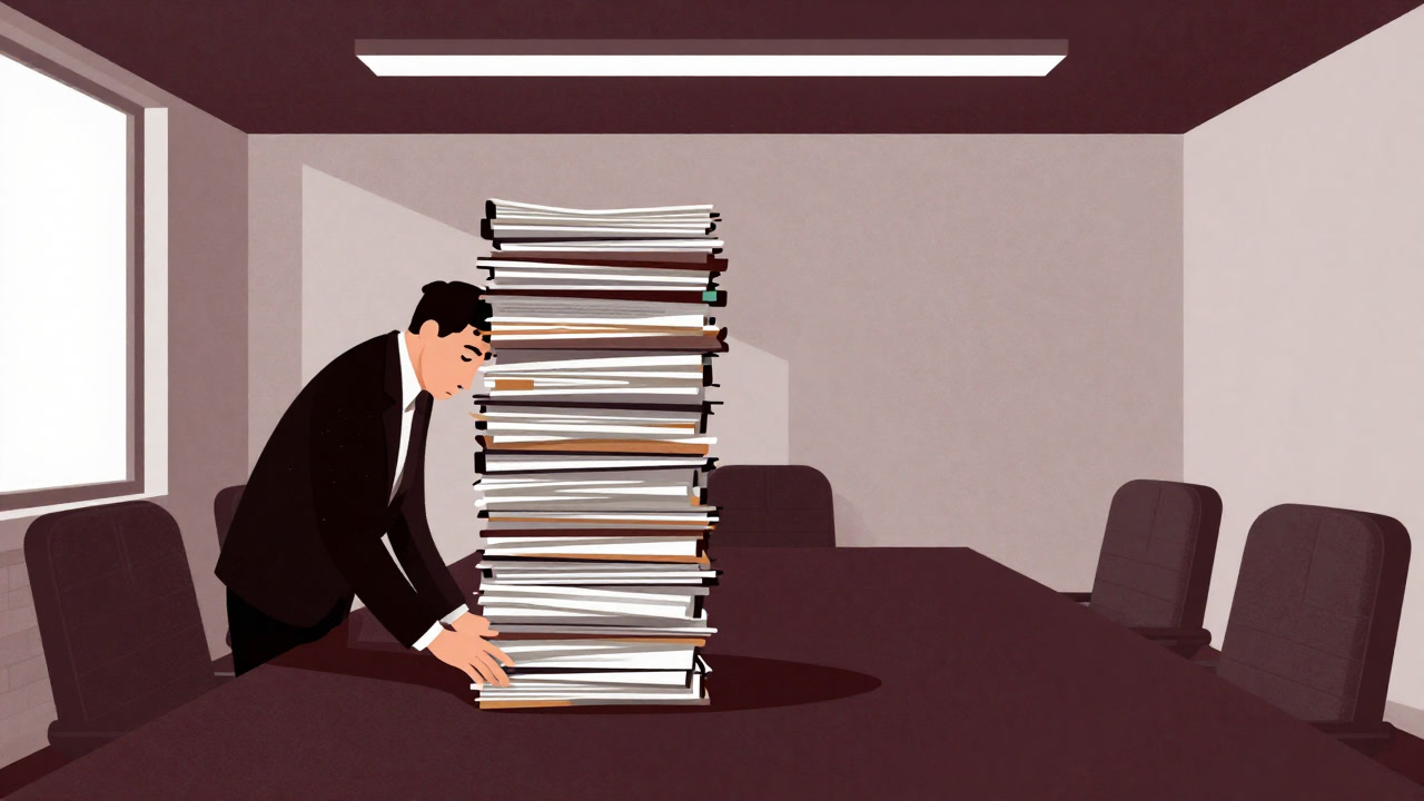 会議室で山積みのマニュアルを前に放心する管理者の背中