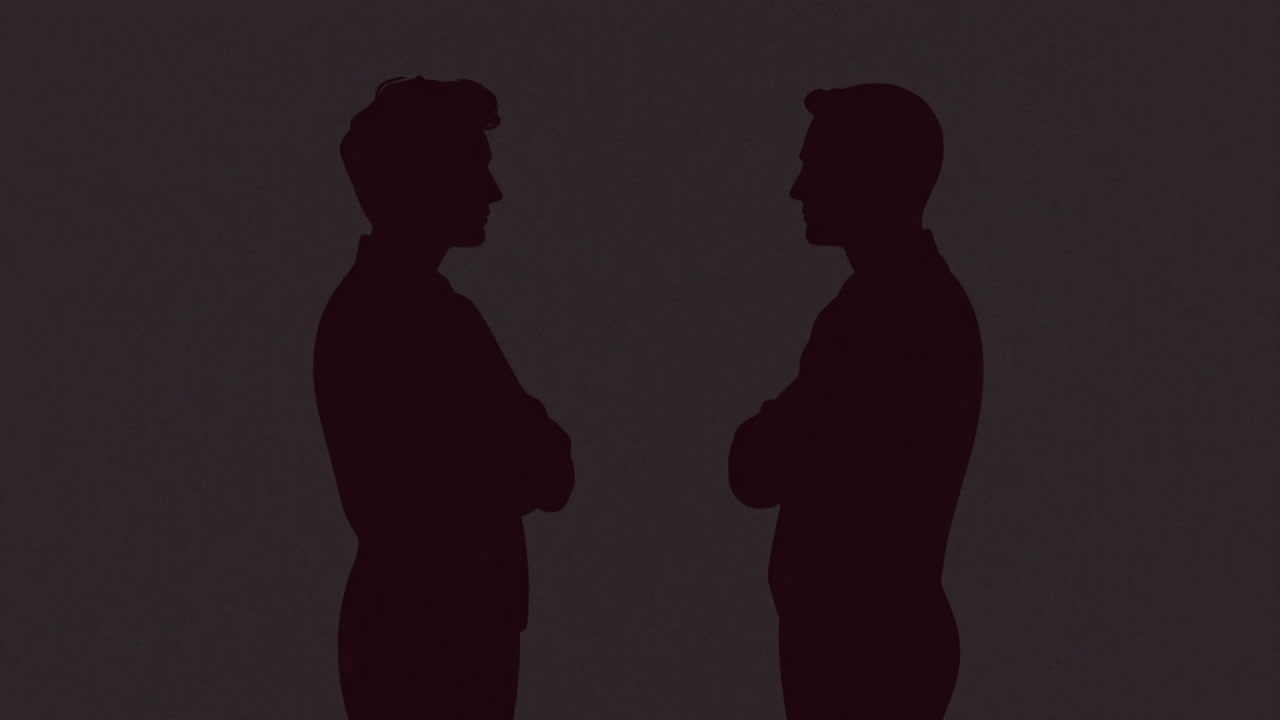 険悪な雰囲気の中、遠巻きに互いを見つめるカップルのシルエット