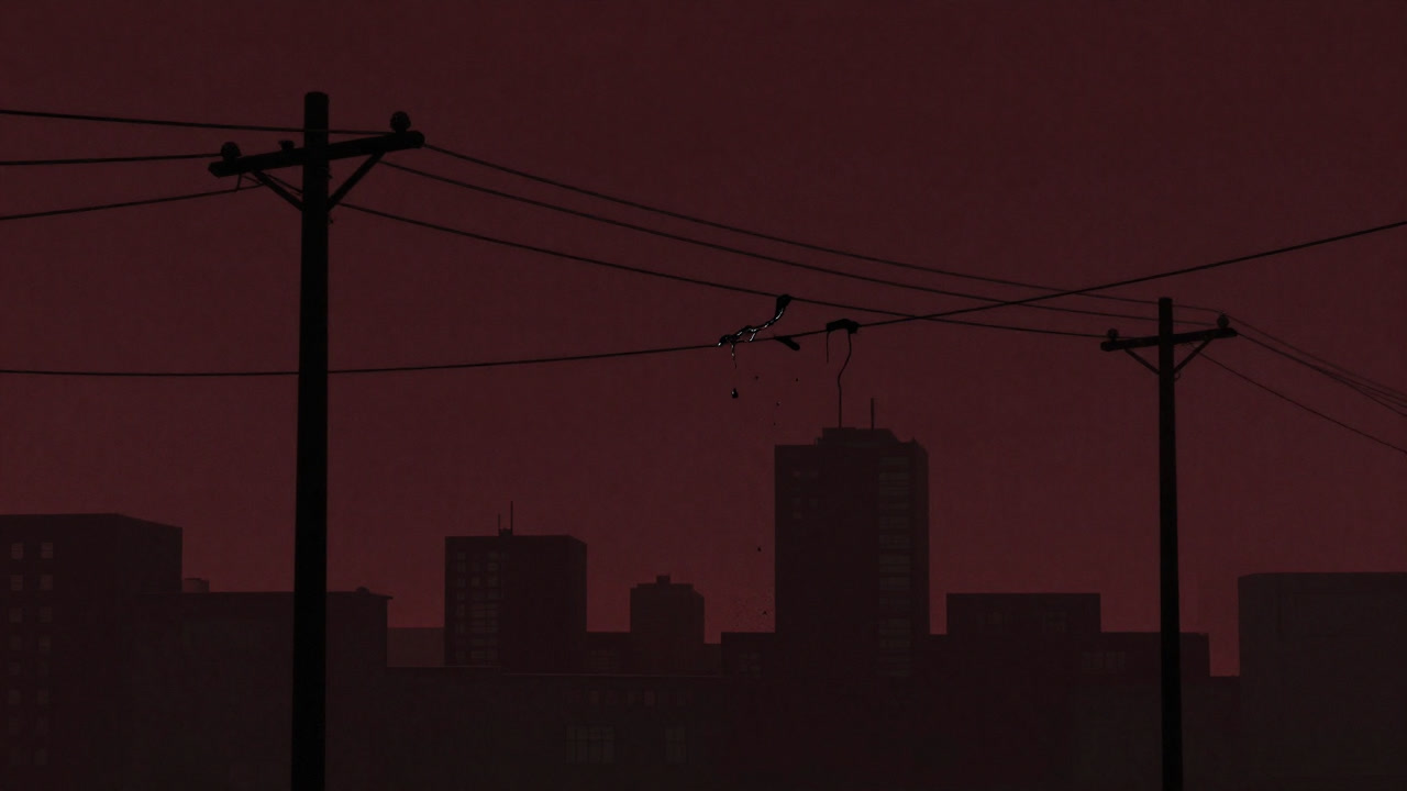 Panoramic cityscape with a broken power line overhead and a leaking water pipe underground against a dark sky