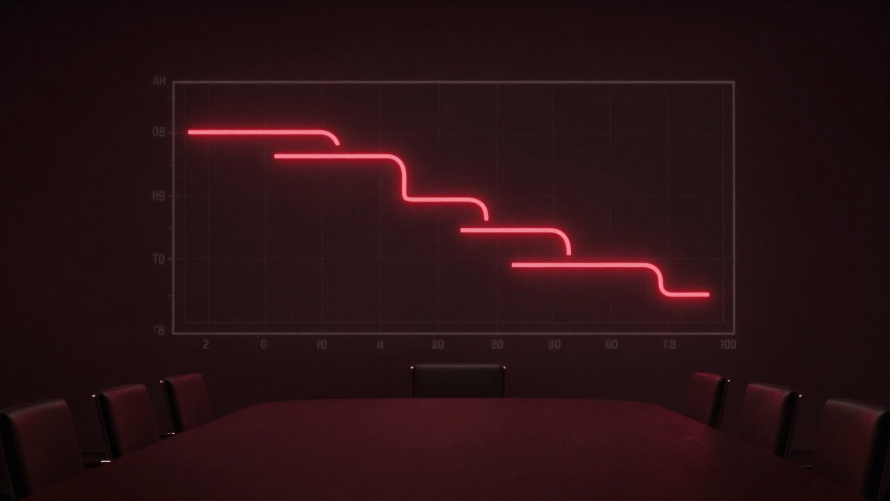 An image of a Gantt chart projected on a dark meeting room wall, with the critical path highlighted in red.