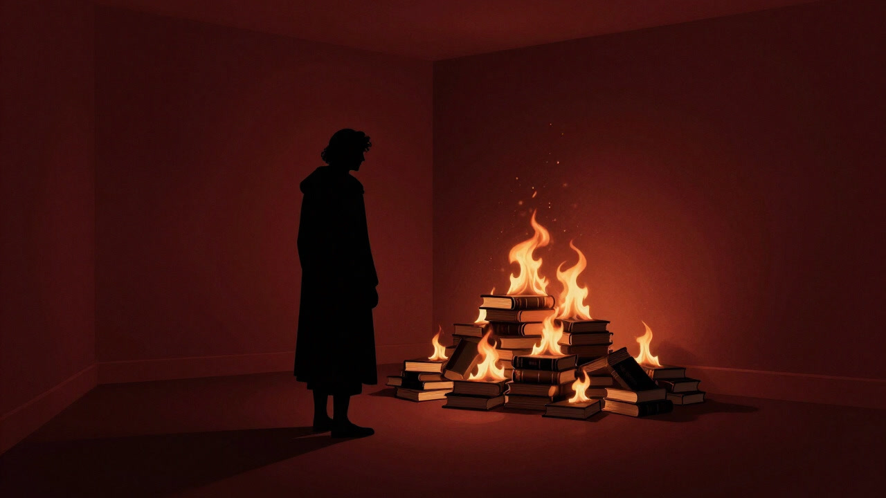 Silhouette of a philosopher lost in thought before a burning stack of books in a dark study.