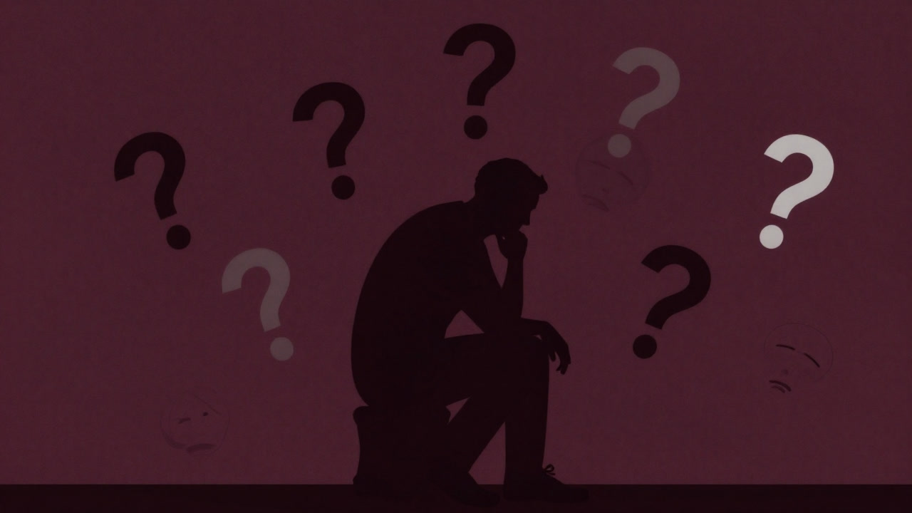 Silhouette of a thinker engulfed by countless question marks