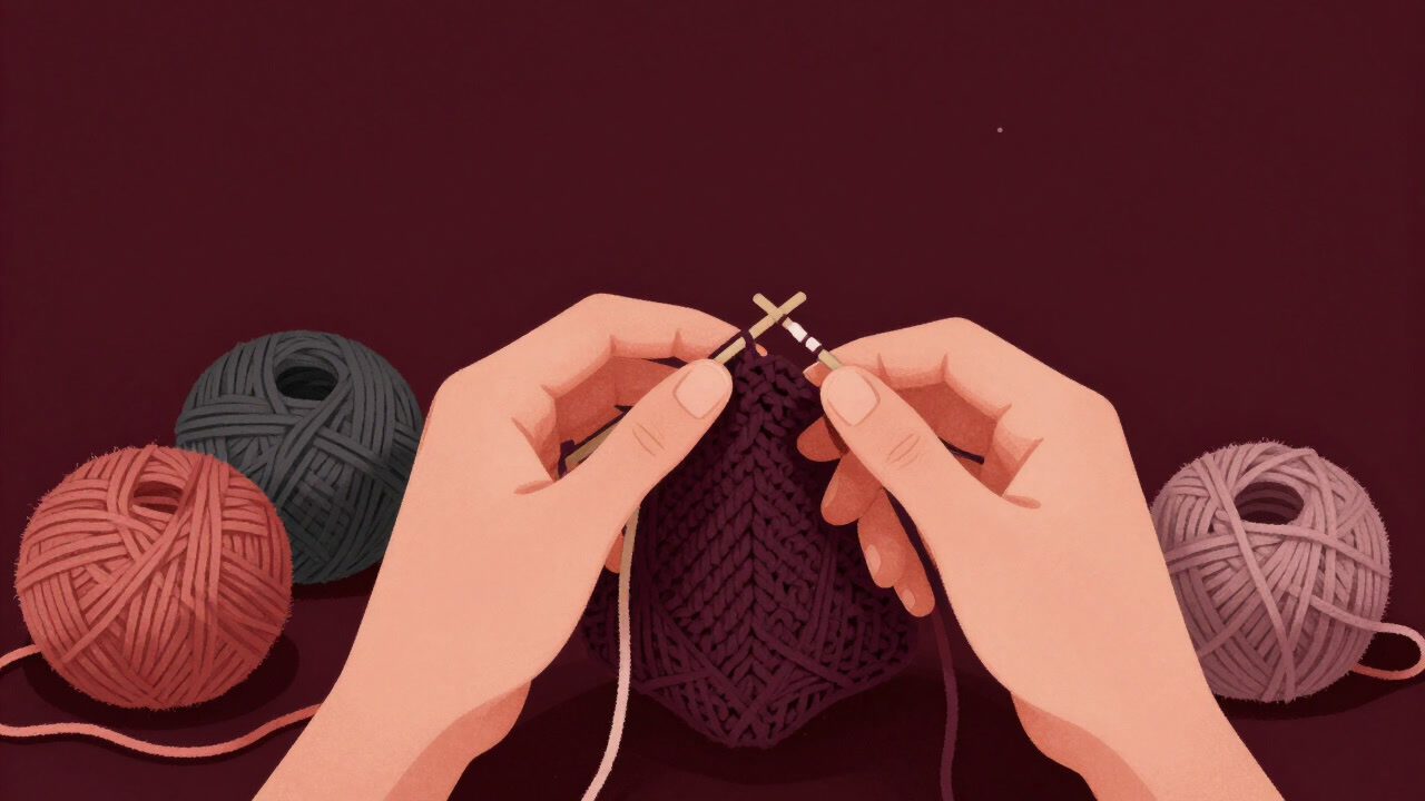 カラフルな毛糸の山に囲まれ、無言で鎖編みを続ける手先だけが写る写真