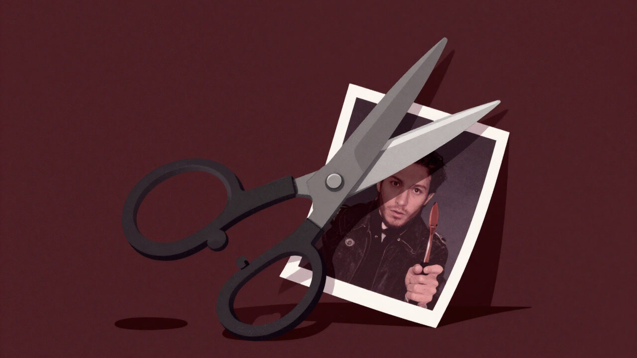 Illustration of giant scissors trimming the edge of a photograph.