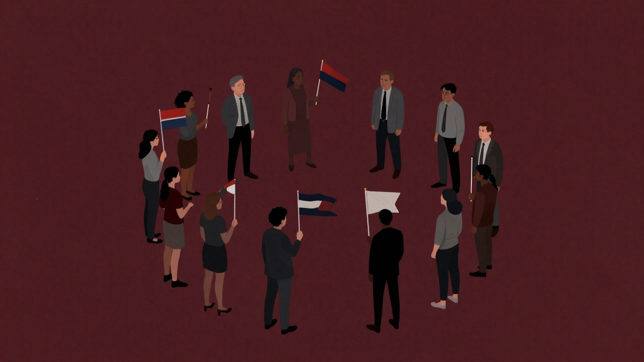 異文化関係の象徴として、様々な国旗を持つ人々が円形に並ぶイラスト