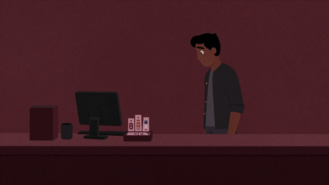 レジ横の商品を見つめる無防備な顧客のシルエット