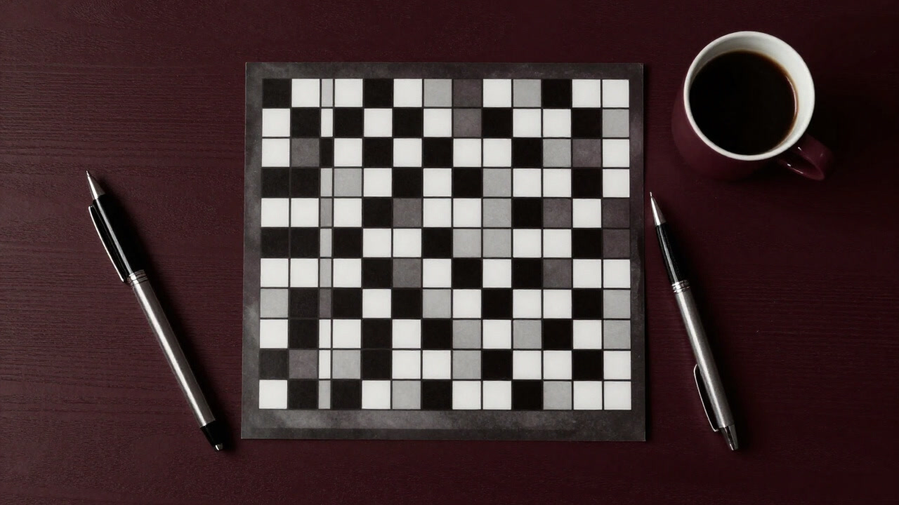 ペンとコーヒーが置かれたテーブルに広げられたクロスワード誌面の画像