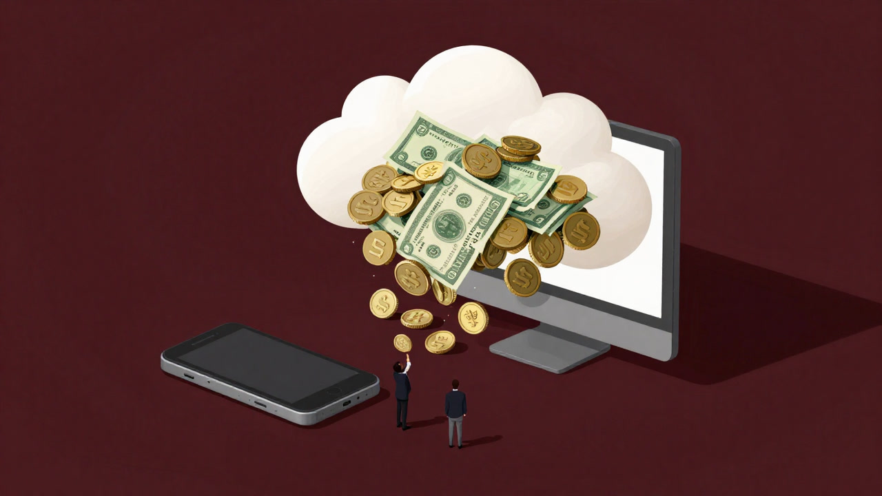 Image of a smartphone and computer screen displaying a giant pile of investment money shaped like a cloud, with investors looking up at it.