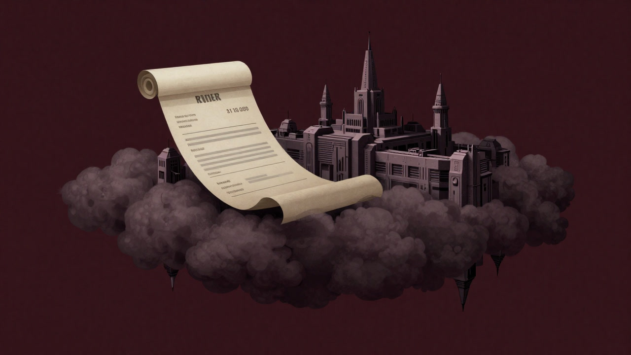 Illustration of a towering structure above the clouds brandishing an invoice