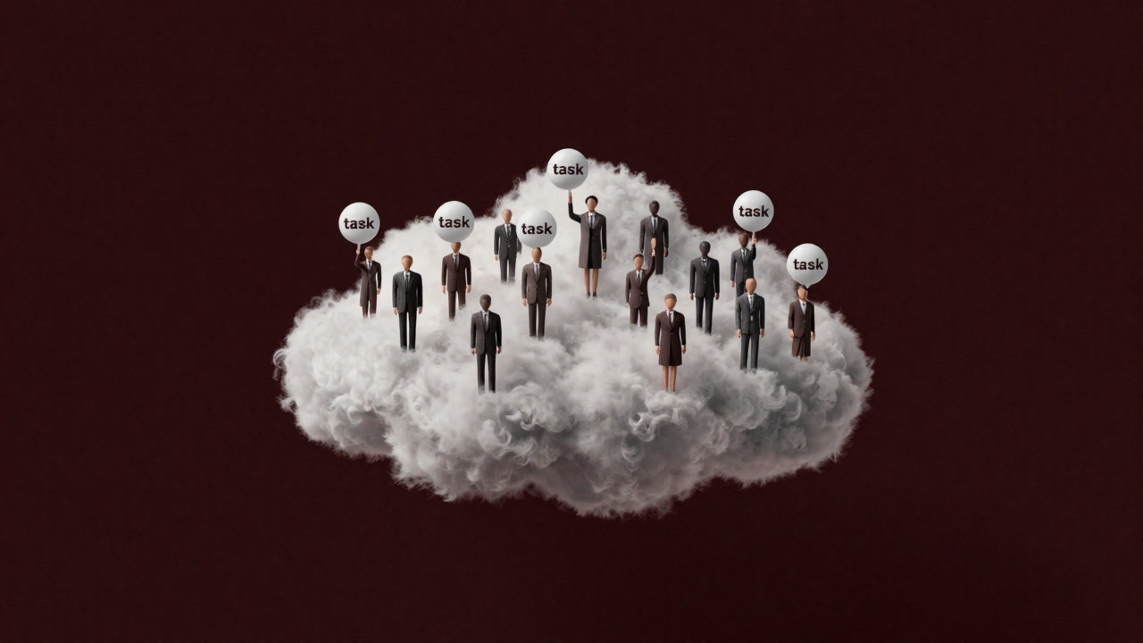 クラウド上に無数の小さな人型アイコンが群れを成し、タスクのバブルを握りしめて待機する様子