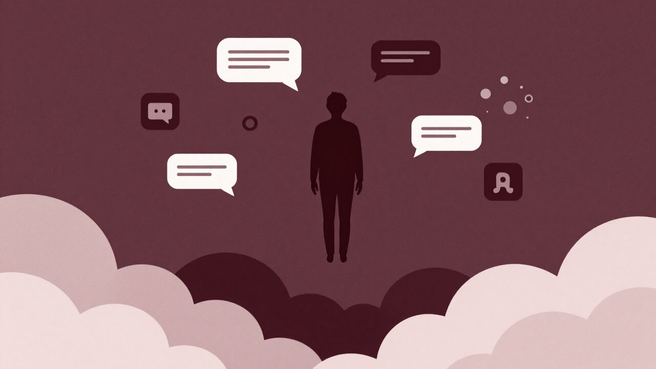 雲の上をプカプカと浮かぶ人物のシルエットの背景に、チャットの吹き出しが漂うイラスト